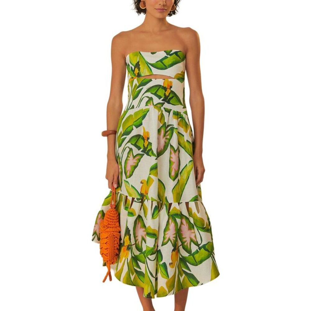 Farm Rio Womens Linen Summer Foliage Off White Strapless Midi Dress